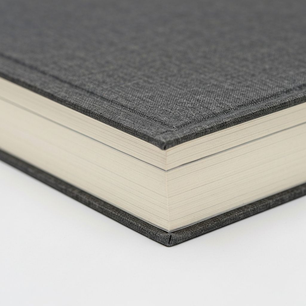 Detailaufnahme einer Hardcover-Buchbindung mit Rücken und Ecken