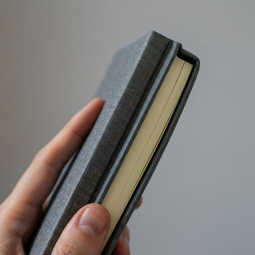 Hand hält ein geschlossenes Notizbuch mit Hardcover-Einband