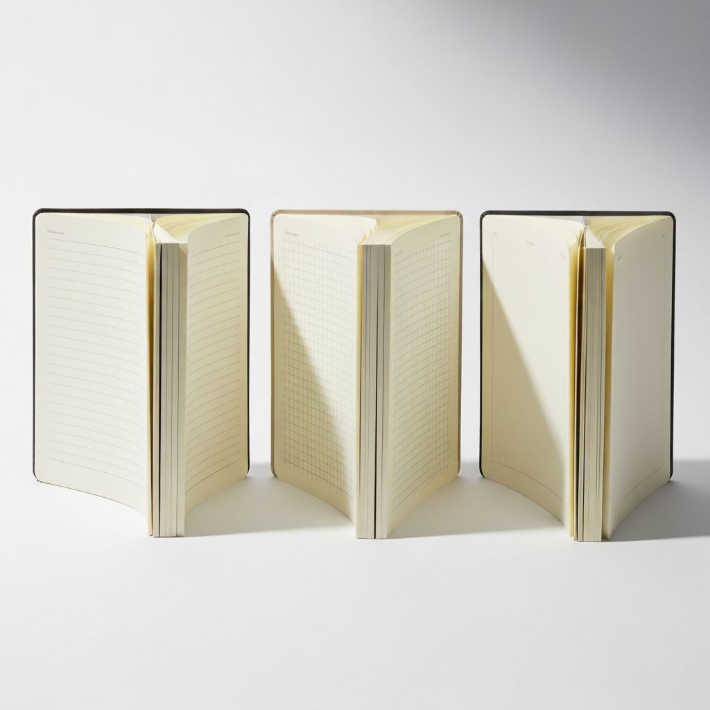 Drei verschiedene Notizbücher nebeneinander mit unterschiedlichen Seitenlayouts