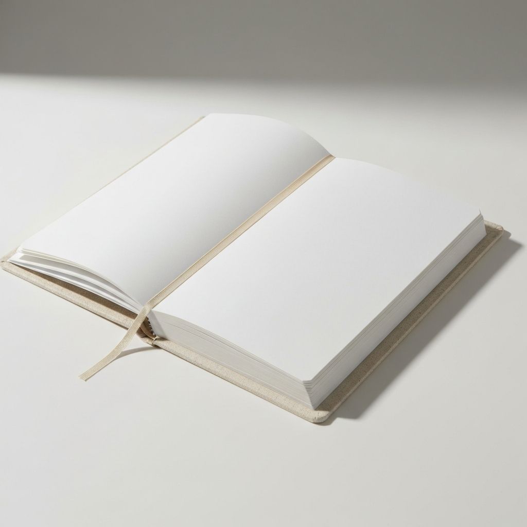 Leeres Notizbuch mit cremefarbenem Hardcover, leicht geöffnet