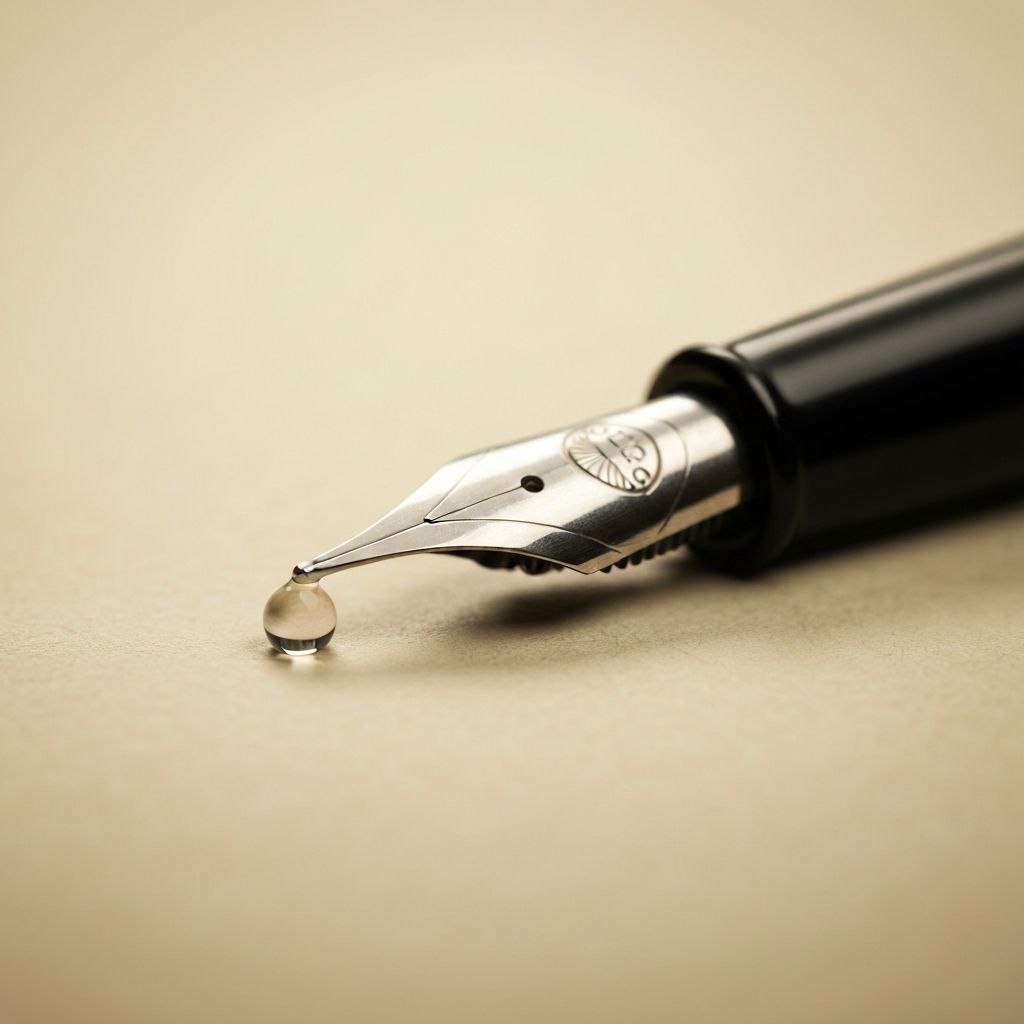 Schreibfeder mit Tropfen Tinte auf hochwertigem Papier